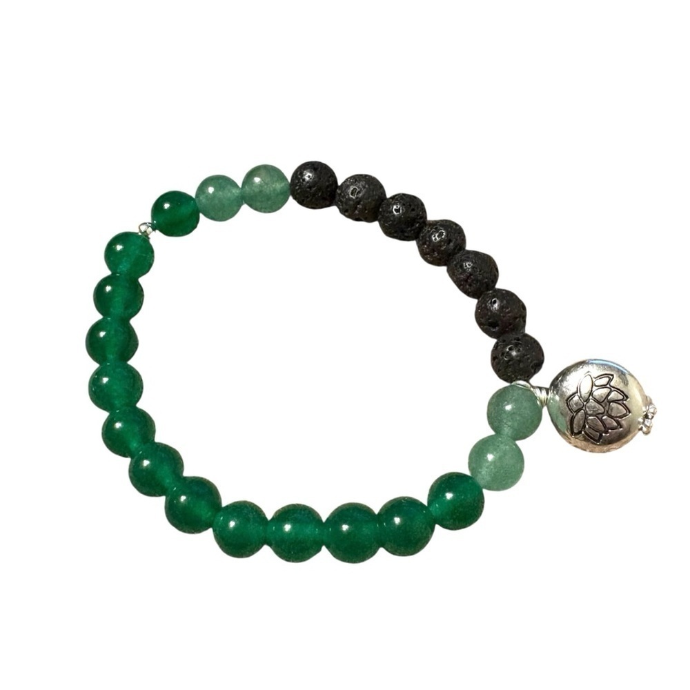 Green Aventurine and Natural Black Lava Beaded Bracelet with Silver Lotus Charm